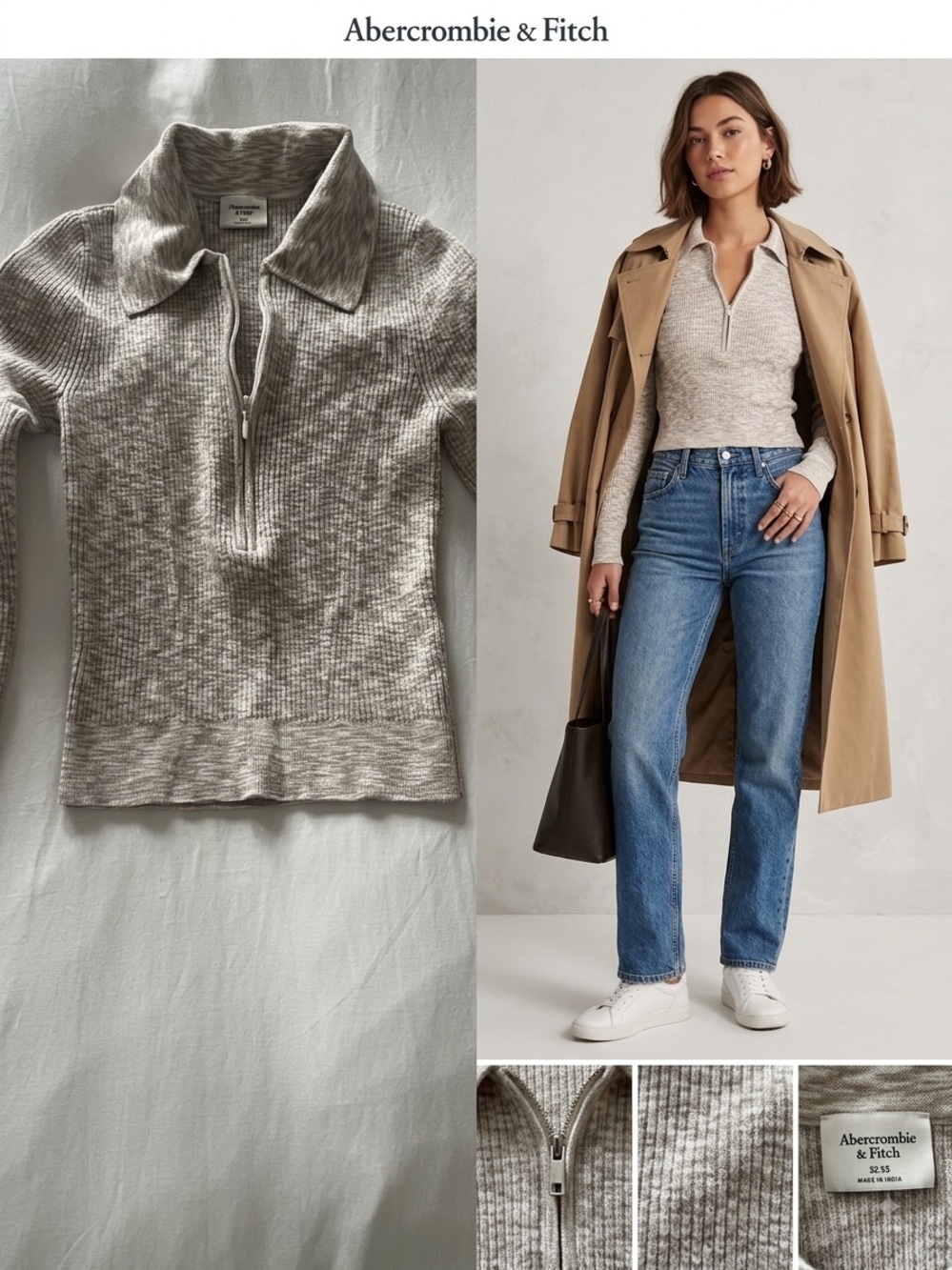 Abercrombie & Fitch | Marled Ribbed Half Zip Collar Sweater Top Beige Cream XXS